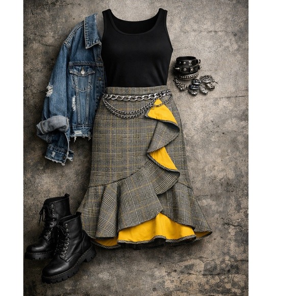 New York & Company Dresses & Skirts - New York & Company Plaid Ruffle Mermaid Flare Skirt Grunge Y2K Academia Size 6